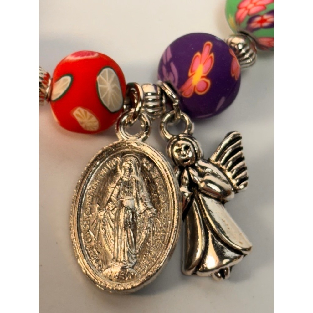 Beaded Stretch Bracelet Set Multicolor Religious Angel Charms Kidcore Boho